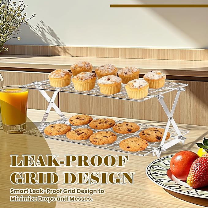 BEWOS 2-Tier Collapsible Cooling Rack, Adjustable Stainless Steel Cooling Rack with X-Shaped Structure, Fine Mesh Baking Rack for Cookies, Baking, Grilling, Dishwasher Safe