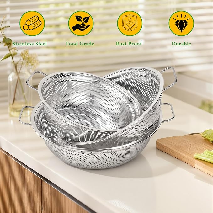 Stainless Steel Colander Set of 3 - Micro-Perforated Metal Strainer for Draining Pasta, Washing Rice & Rinsing Vegetables - Heavy Duty & Dishwasher Safe Kitchen Colanders - 2, 3, 5 Quart