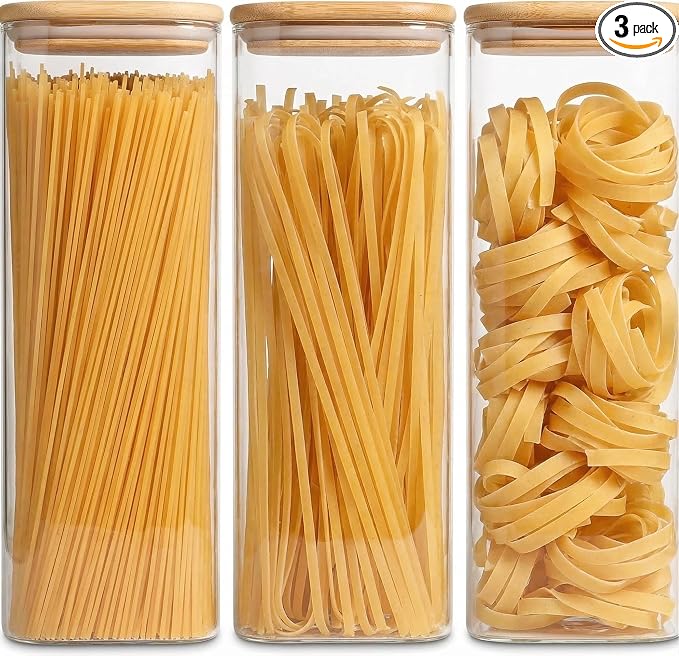 Pasta Storage Containers 3 Pack, 78oz Square Airtight Glass Spaghetti Container with Bamboo Lids, Tall Glass Pasta Storage Jar for Pantry Organization Spaghetti Linguine Fettuccine Cereal