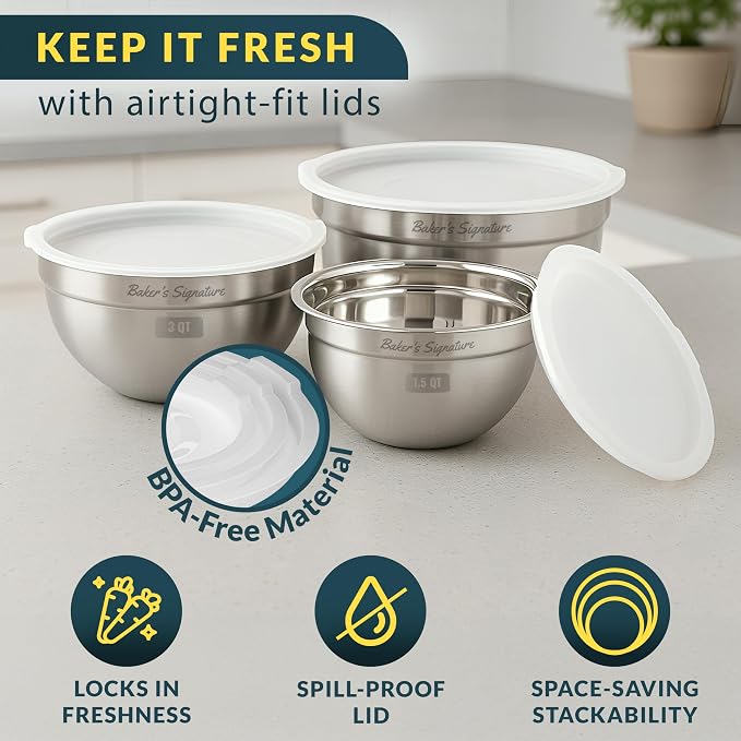 Stainless Steel Mixing Bowls with Lids Set of 3, Nesting Metal, 1.5/3/5 Qt | Mirror-finish interior, dishwasher safe & BPA-free; stack for food prep, baking, storage & serving