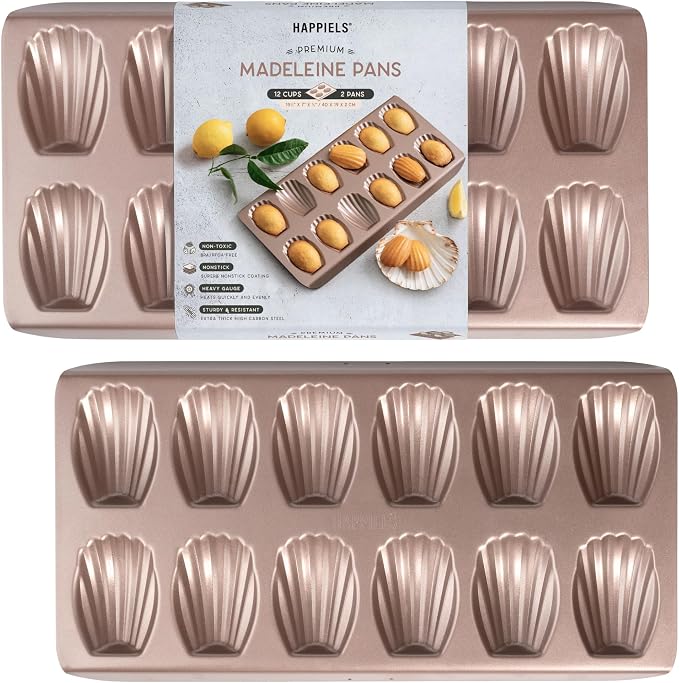 12 Well Madeleine Pan 2-Pack Nonstick, PFOA & BPA Free | | Non-Toxic - High Carbon Steel - Gold - Madeleines Cake Cookie Mold