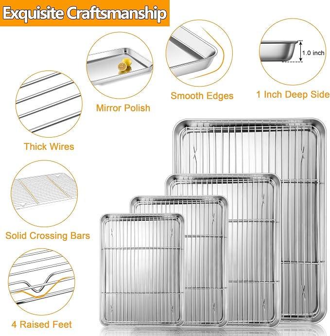 Homikit Baking Sheet with Wire Rack Set (4 Pans + 4 Racks), 16/12/10/9 Inch | Stainless Steel Sheet Pans with Cooling Racks for Oven, Heavy Duty Metal Cookie Bacon Baking Trays Non Toxic, Dishwasher Safe