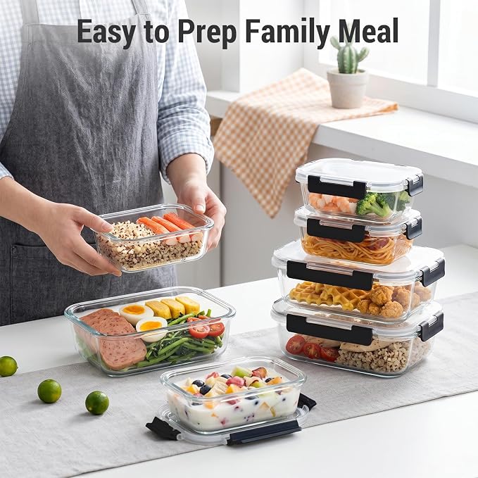 10 Sets 36 oz & 12 oz Glass Food Storage Containers with lids, Black | 20-Piece Airtight Leak-proof Glass Meal Prep Containers with Lids, Microwave Oven Freezer Dishwasher Safe