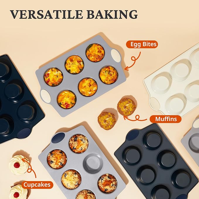 BRONYPRO 2-Pack 6-Cup Non Toxic Nonstick Ceramic Jumbo Muffin Pan & Cupcake Tin, PFOA & PFOA Free, Heavy Duty Rust-Resistant Aluminized Steel, Oven Safe, Cream White