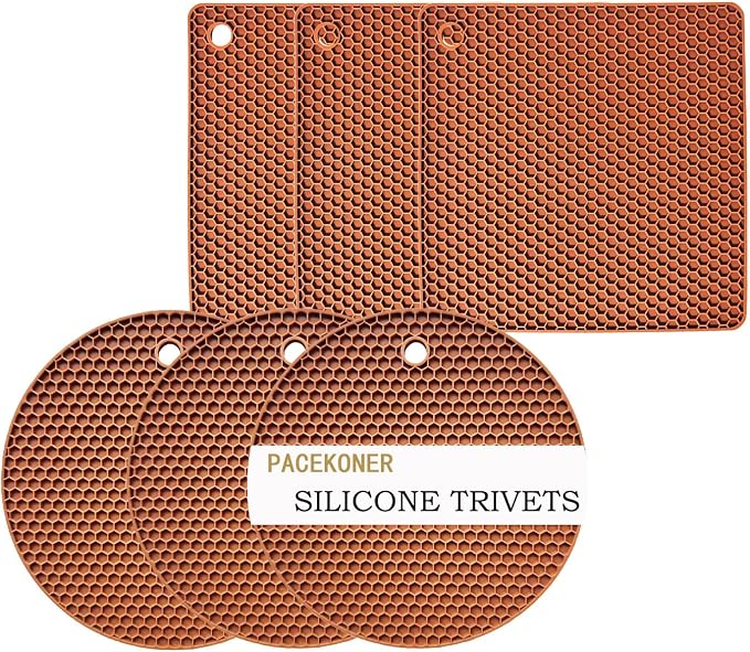 6-Pack Silicone Trivet Mats, Heat Resistant Hot Pads, Dishwasher Safe Kitchen Mats, BPA-Free Pot Holders for Table, Countertop, Stove, Honeycomb Design (Brown, 7” Square/Round)
