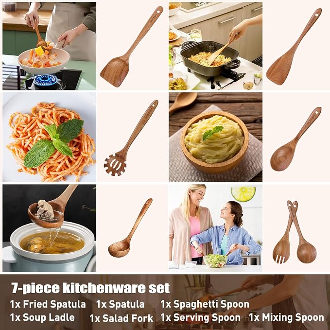 Wooden Spoons for Cooking,WOTTISH 7Pcs Wooden Cooking Utensils,Nonstick Wooden Spatula,Wooden Kitchen Utensils Set Non Toxic,Wooden Utensil Set(A07)