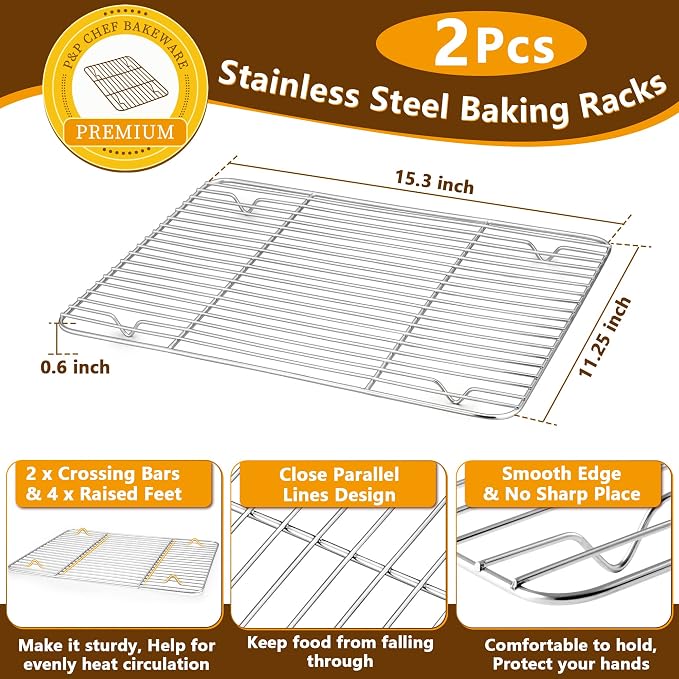 P&P CHEF 16 Inch Baking Sheet with Rack Set, Pans with Flat Racks | 2 Baking Sheets + 2 Cooling Wire Racks, Dishwasher & Oven Safe, Non-toxic & Lasting Use, Fit for Regular Oven
