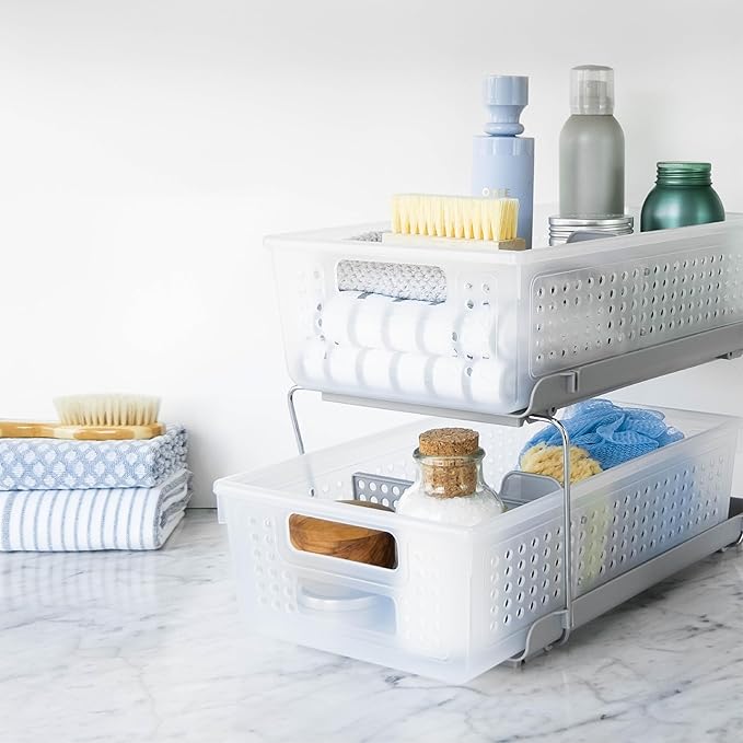 madesmart Two Tier Organizer with Dividers, Frost | pull out bins, tiered access, cleaning supplies, under sink use, pantry bottles, woman owned