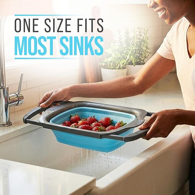 Comfify Blue XL Collapsible Silicone Over Sink Colander – 6 Quart | Blue; extends 25" to span sink; both hands free; collapses flat; 6 Qt; heat resistant 176F; pasta, veg, fruit
