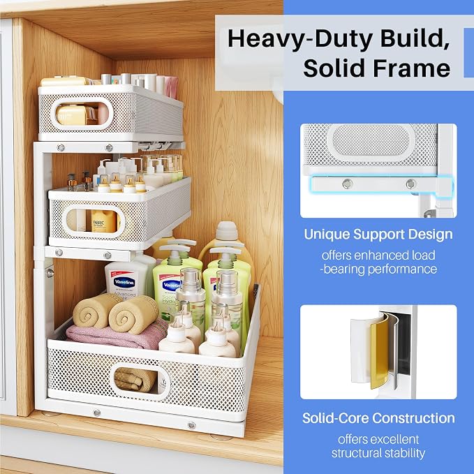 Under Sink Organizer, 3-Tier Thickened Metal Pull out Cabinet Organizer Shelf, Height Adjustable Slide out Storage Drawer Rack for Kitchen Bathroom Pantry Laundry Home Organization, 1-Pack, White | 35% Extra Storage Capacity, Carbon Steel, Hold Up 55lb...