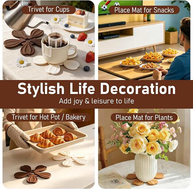 Silicone Trivet Tree Set Hot Pads, Vynusio Trivets for Hot Dishes 4 Pack +1 Stand, Collapsible Treetrivet Cup Pans Hot Pot Dish Holders for Kitchen Table Countertop Office Desk, Fall Color
