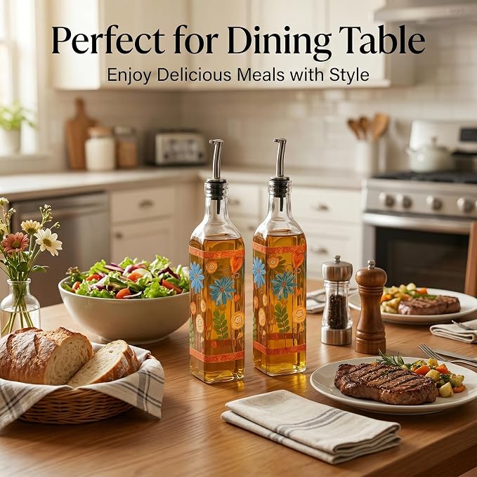 Topadorn Set of 2 Floral Olive Oil Dispenser Bottles, 17oz Decorative Glass Oil & Vinegar Cruet Set with Pour Spouts, Refillable Kitchen Countertop Dispensers