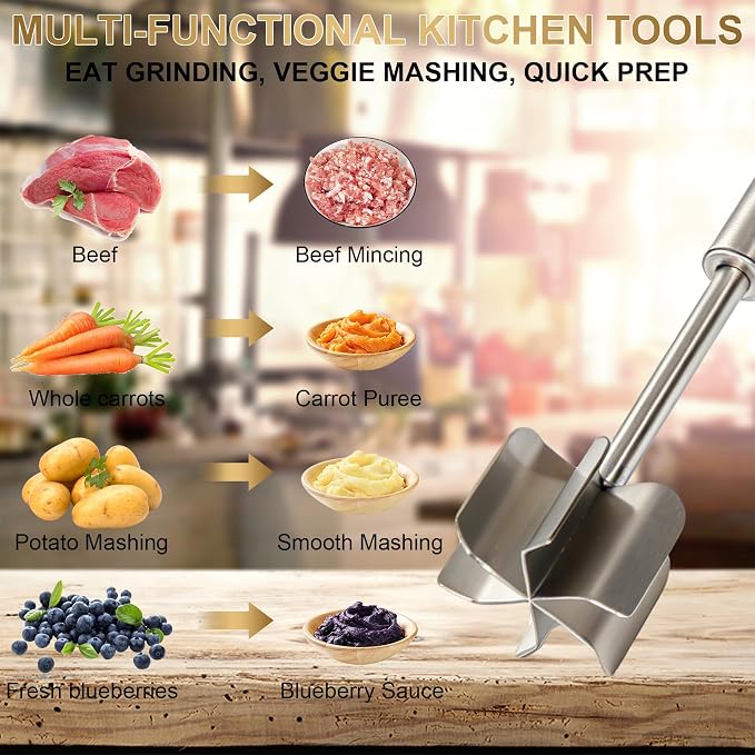 304 Stainless Steel Meat Chopper & Potato Masher, 6 Blade | Ground Beef Smasher for Hamburger, Heavy Duty Kitchen Tool for Chicken, Vegetables, Mixing and Mashing, Food Grade Utensil