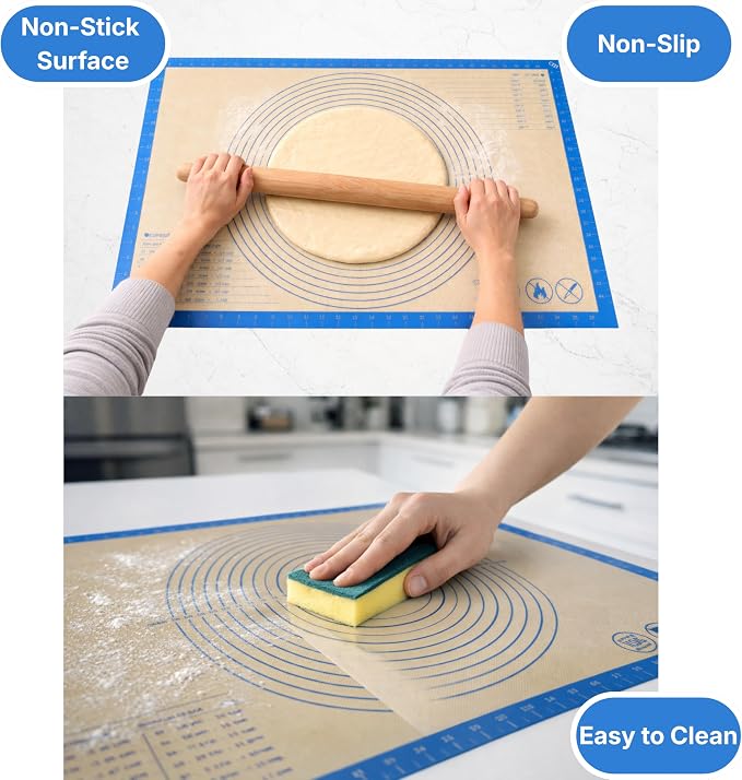 Silicone Pastry Mat with Measurements, 28 x 20 Inch Extra Thick Non-Slip Nonstick XL Baking Mat for Dough Rolling, Kneading, Fondant and Pie, Blue
