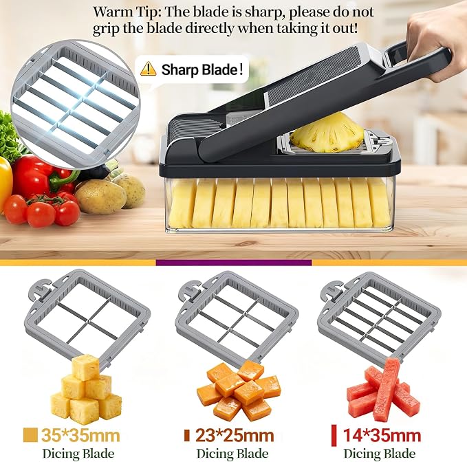 StoreHappily 12-in-1 Vegetable Chopper, 10 Blades Veggie Chopper with Container and Lid, Dicer, Slicer, Multifunctional Kitchen Gadgets, Vegetable Cutter with Handle, Onion Cutter(Grey)