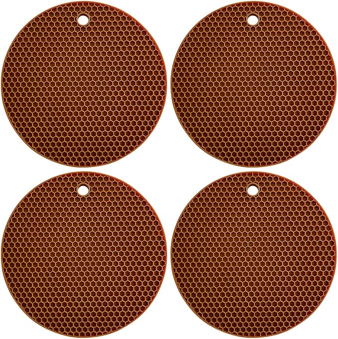 7-Inch Round Silicone Trivet Mats - 4-Pack Non-Slip Heat Resistant Hot Pads for Kitchen Countertops, Pots and Pans (Coffee)