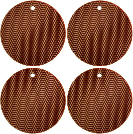 7-Inch Round Silicone Trivet Mats - 4-Pack Non-Slip Heat Resistant Hot Pads for Kitchen Countertops, Pots and Pans (Coffee)