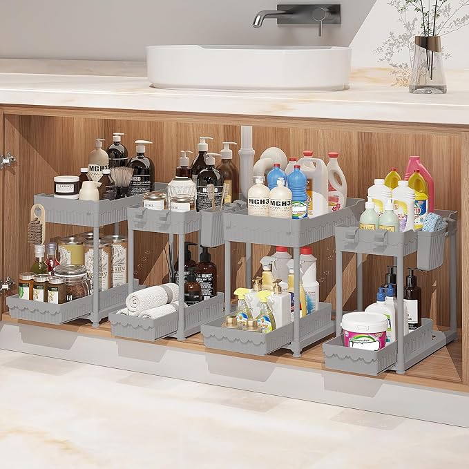 4-Pack 2-Tier Under Sink Organizer with Pull Out Drawers | Multi-use kitchen & bathroom storage. Includes hanging hooks and cups. Gray, space-saving cabinet design. 14.8 Inch