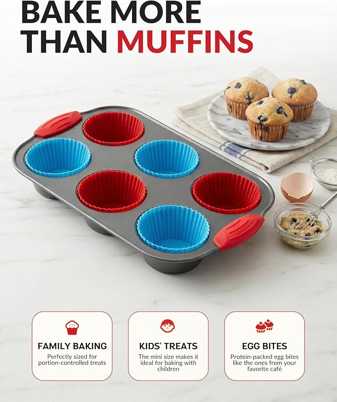 Non-Stick Steel 6 Cup Muffin Pan with Silicone Handles and Reusable Liners - Perfect for Baking Large Muffins and Cupcakes