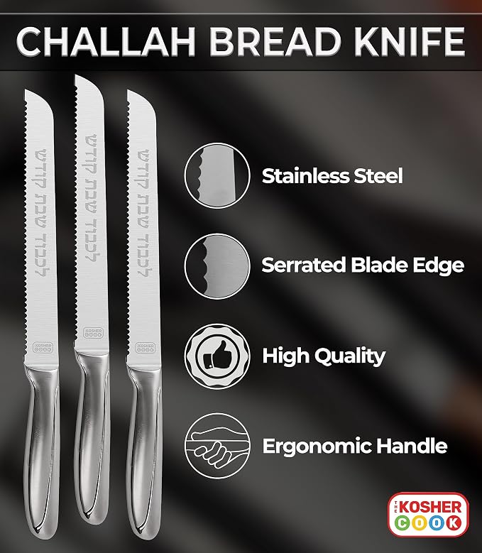 The Kosher Cook Premium Stainless Steel Challah Bread Knife - 7" Serrated Blade and Elegant Silver Handle - Perfect for Shabbat, Jewish Holidays