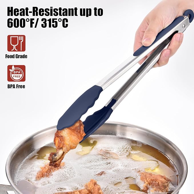 Doosu Kitchen Tongs for Cooking - 600°F Heat Resistant Food Tong Set with Non-Scratch Silicone Tips, Heavy Duty Stainless Steel Locking Tong for BBQ, Grilling Steak, Serving Salad (9+12in, Navy Blue)