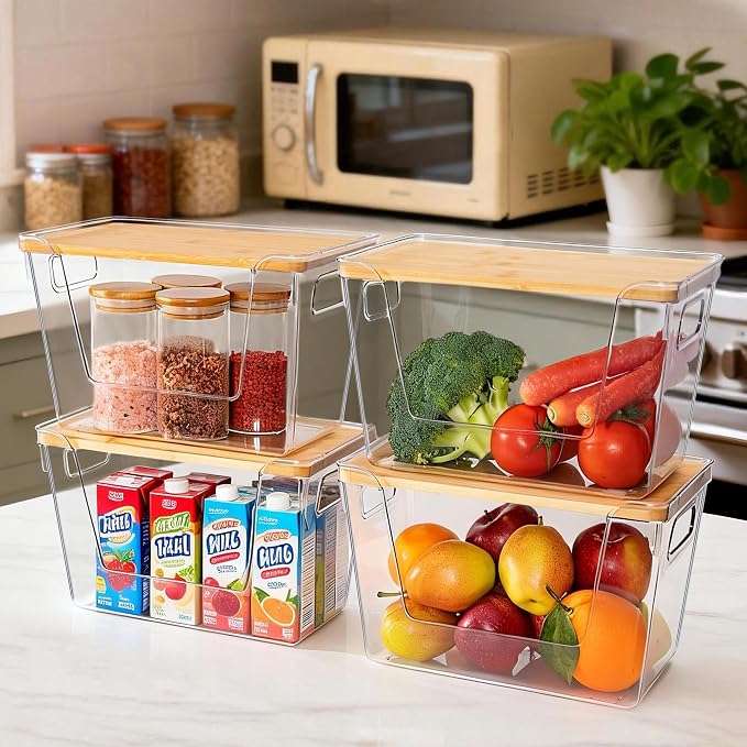 4 Set Pantry Organizers and Storage with Bamboo Lids, Stackable Clear Bins for Onion, Potato, Fruit, Vegetables, Trash Bag Dispenser, Kitchen and Under Sink Organizer