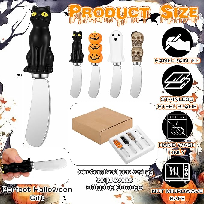 Jingmore 4 Pcs Halloween Cheese and Butter Spreader Knives Decor Pumpkin, Black Cat, Ghost, Skull Hand Painted Resin Handle with Stainless Steel Blade Multipurpose(Cheese Knives)