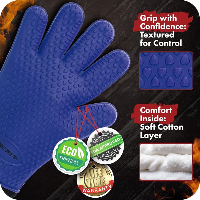 KITCHEN PERFECTION Silicone Smoker Oven Gloves -Extreme Heat Resistant Bbq Gloves -Handle Hot Food Right on Your Smoker Grill Fryer Pit|Waterproof Oven Mitts Grill Gloves |Superior Value Set+3 Bonuses