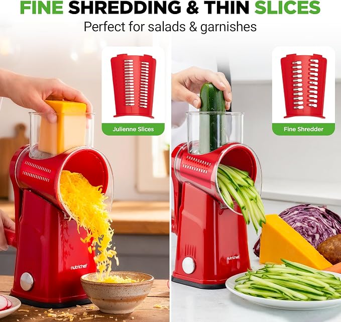 NutriChef 5 in 1 Cheese Grater & Shredder | 5 Different Blades for Thin, Thick, Julienne Strips, Wavy, & Straight Strips | Includes Hand Crank, Strong Suction Base & Storage Container | Red