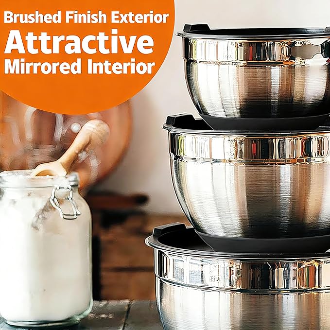 Thickened Heavy-Duty 26pcs Stainless Steel Bowl, Mixing Bowl Set with Lid, Grater Attachment, Non-Slip Bottom and Kitchen Gadget Set, Sizes 7, 4, 2.5, 2.0, 1.5, 1QT, Ideal for Mixing and Serving