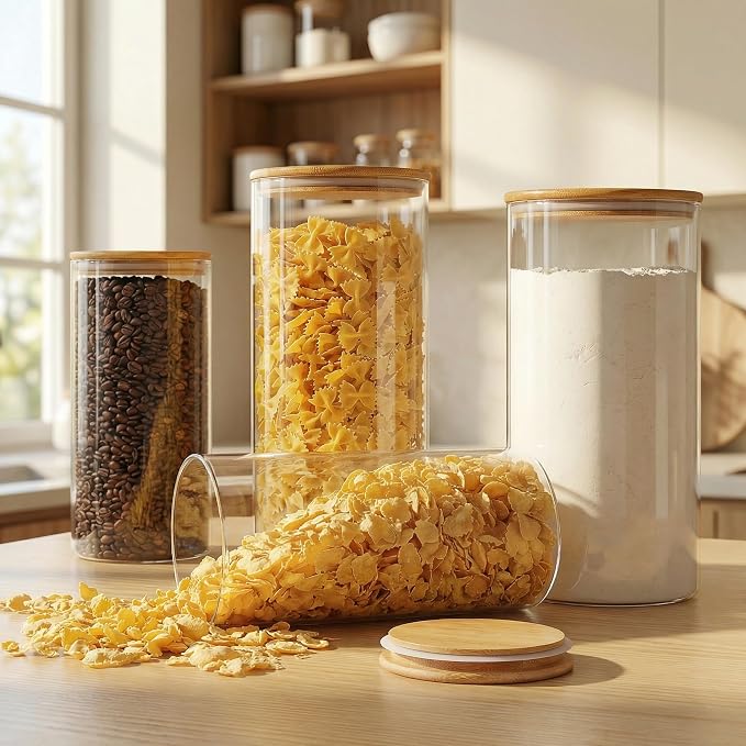 Large Glass Storage Containers with Bamboo Lids for Flour & Sugar, 4 Pack | Pantry Jars for Pasta, Rice, Sugar & Flour, Durable Borosilicate Glass Canisters Keep Food Dry & Fresh, Easy to Fill & Clean