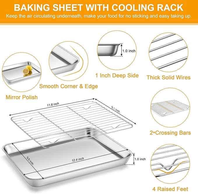 Homikit Quarter Sheet Pan with Wire Cooling Rack (1 Pan+1 Rack), Nonstick | 10x12 Inch Stainless Steel Baking Sheet with Rack, Small Cookie Pans for Toaster Oven, Metal Bacon Tray Dishwasher Safe