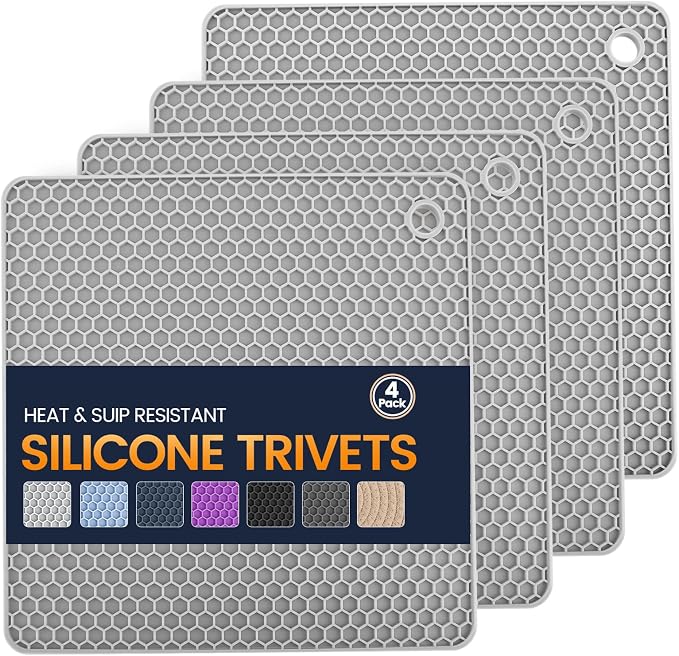 Silicone Trivet Mats 4 Heat Resistant Pot Holders Multipurpose Non-Slip Hot Pads for Kitchen Potholders, Drying mat, Jar Opener, Spoon Holder, Coaster.(Light Grey)