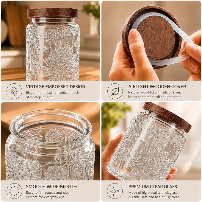 23.7 fl oz Vintage Glass Jar with Wooden Lid, Airtight Decorative Food Storage Canisters for Kitchen Counter & Pantry, Ideal for Candy, Sugar, Coffee,salt, Tea, Cereal, Flour, Oats