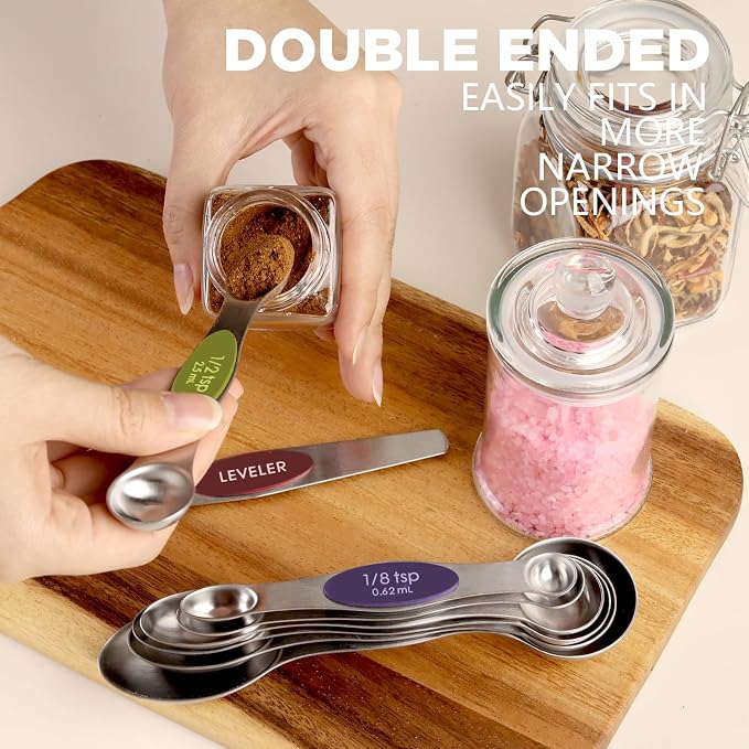 ChefAide Pack of 8 Stainless Steel Magnetic Measuring Spoons Set, Dual Sided, Stackable, Adjustable Teaspoon and Tablespoon Measure Spoon with Leveler, Kitchen Gadgets