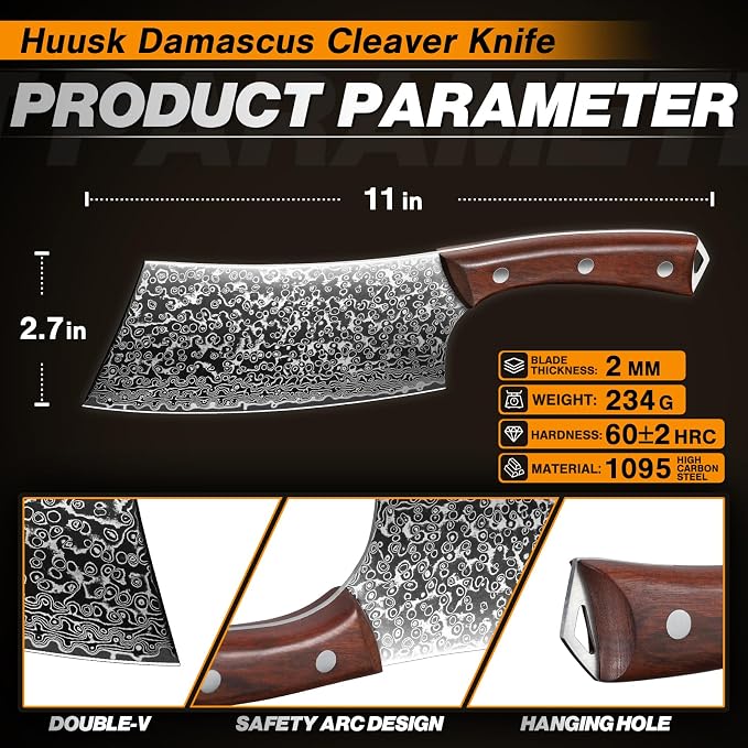 Huusk Meat Cleaver Knife Japanese Kitchen Knife 6.4 Inch, Hand Forged Butcher Knife for Meat Cutting, Vegetable Chopping Knife High Carbon Steel Damascus Pattern Chef Knife Cooking Gift Idea