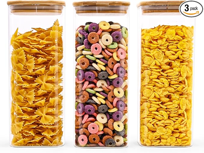 SHOWIN Glass Food Storage Jars Square 61oz, 3 Pack Glass Jars With Bamboo Lids, Kitchen Storage Containers For Spice, Candy, Cookie, Storage For Pantry Organizers