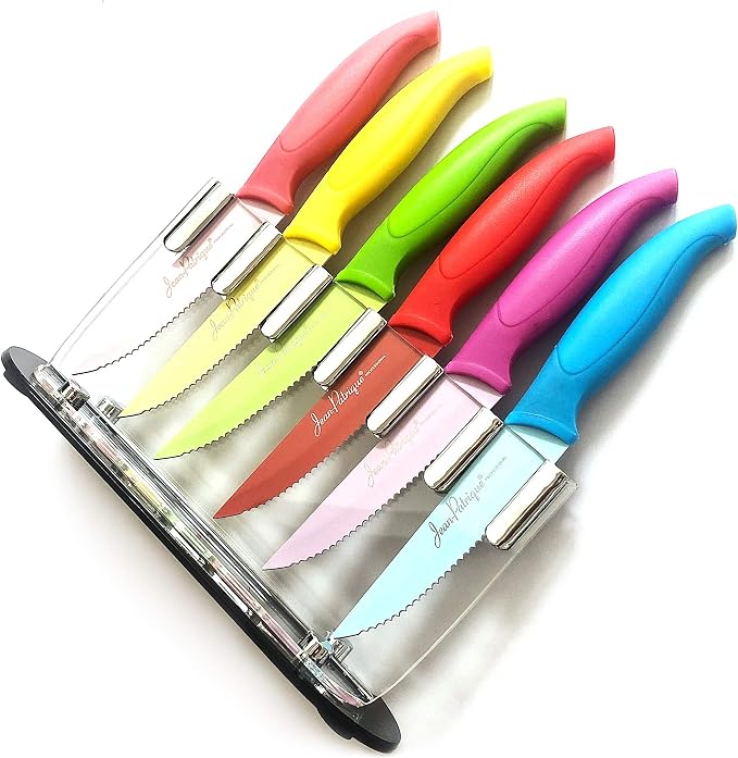 Jean-Patrique Non-Stick Steak Knife 6 Piece Set | Steel Blades Protector FREE Perspex Clear Knives Block