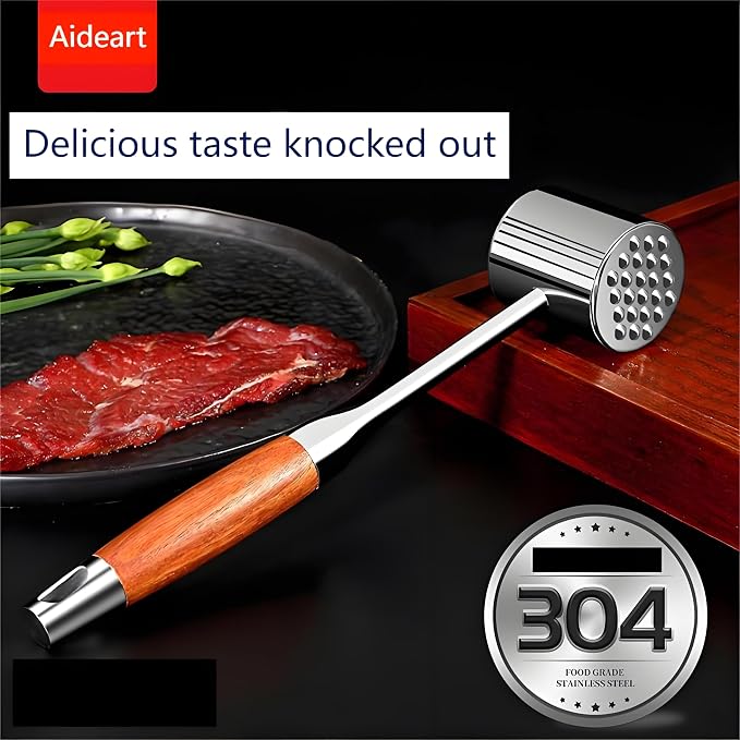 Meat Pounder,kitchen mallet 304SS,Meat Mallet Meat Hammer Meat Beater for Tenderizing and Flattening Meat,Meat Pounder Tenderizer for Pounding Meats, Hanging Loop,(Rosewood)