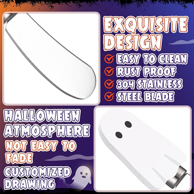 Sieral 10 Pcs Halloween Cheese and Butter Spreader Knives Ghost Cheese Spreader Butter Knives Multipurpose Halloween Decor with Hand Painted Wooden Handle Stainless Steel Blade