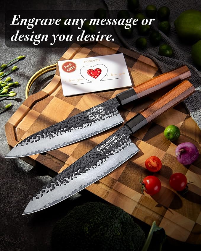 FAMCÜTE Personalized Gifts for Men Engraved Custom Japanese Knife, Hand Forged High Carbon Steel Chef Knife With Rosewood Handle, Birthday Day Gifts for Your Loved Ones (Sandalwood Gift Box)