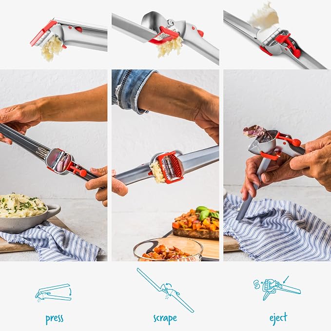 Dreamfarm Garject 2-In-1 Garlic Peeler, Garlic Press & Mincer with Garlic Peel Ejector, Chrome-Plated Zinc - Red | No-peel mincer with skin eject button, crushes up to 3 cloves, dishwasher safe, durable chrome-plated zinc