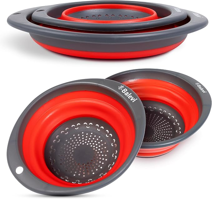 Collapsible Strainers for Kitchen, Red, Set of 2 | Made of Silicone, Collapsible Colander, Little Pegs to Keep Food Elevated
