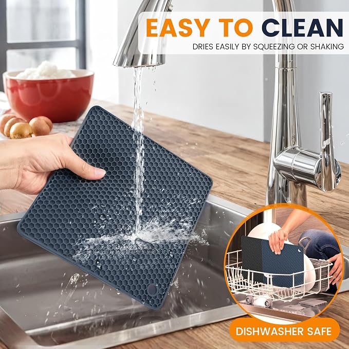 Silicone Trivet Mats 4 Heat Resistant Pot Holders Multipurpose Non-Slip Hot Pads for Kitchen Potholders, Drying mat, Jar Opener, Spoon Holder, Coaster.(Black Hidden Blue)