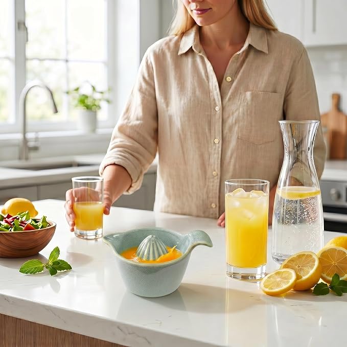 4 inch Ceramic Lemon Squeezer-Manual Citrus Juicer with Handle and Easy Pour Spout for Lemon,Orange, Lime&Grapefruit-Easy to Clean Hand Press Juicer,Microwave&Dishwasher Safe,Lead-Free (Green)