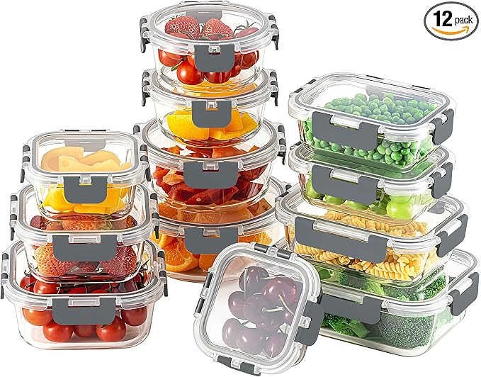 HOMBERKING 24pc Borosilicate Glass Food Storage Containers with Snap Locking Lids, Glass Meal Prep Containers, Airtight Lunch Boxes, Oven, Freezer and Dishwasher Safe, BPA Free, Kitchen Storage Set
