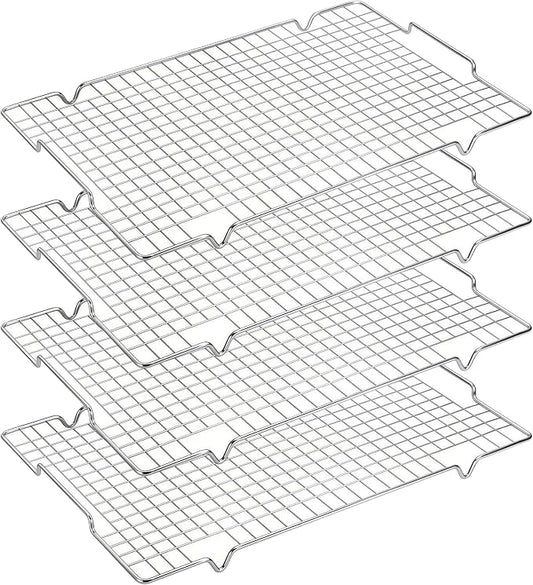 HULISEN 304 Stainless Steel Cooling Rack with Handles, 4-Pack, 16 x 10 Inch | Baking Rack for Half Sheet Pan, Dishwasher Safe, Oven Safe 500°F, Easy Transfer Design, For Baking, Roasting, Cooling Food