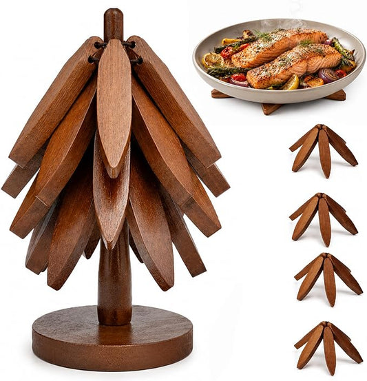 Wooden Trivets for Hot Dishes – Tree Trivet Set with 4 Foldable Wooden Trivets & 1 Stand, Heat-Resistant, Space-Saving Trivet Tree for Pots, Bowls & Teapots (Walnut)