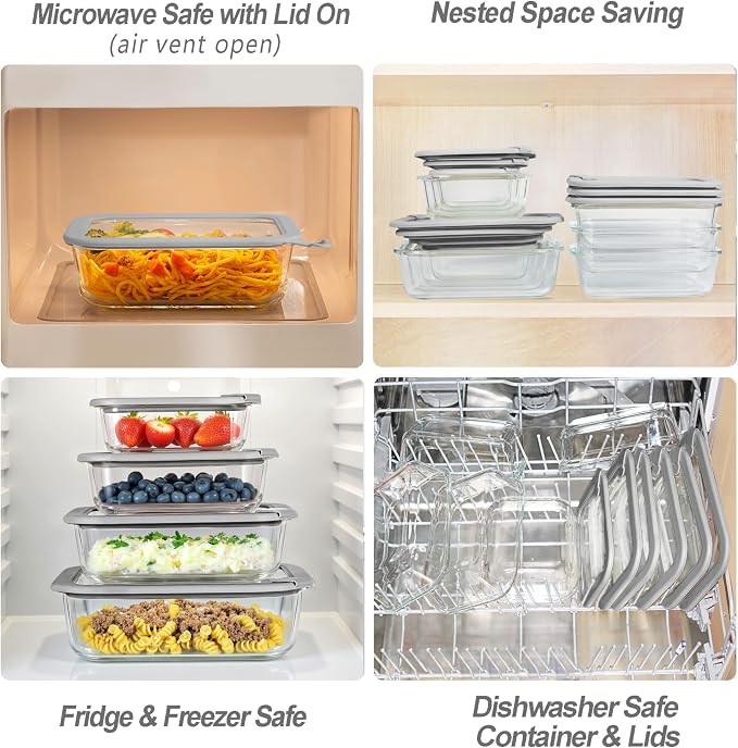 Glass Food Containers with Glass Lid, Microwave Safe Food Storage Container Set, 6 Pack, Large Size Airtight Storage Set with Leak Proof Lids, Meal Prep Containers