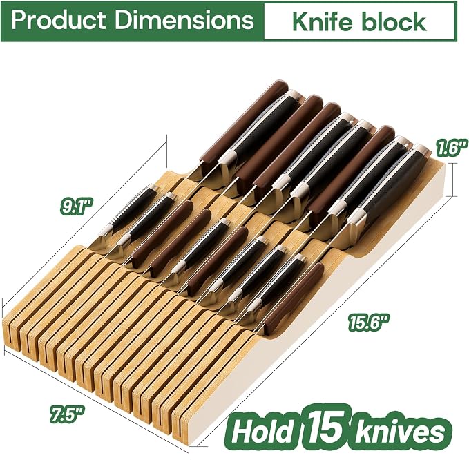 Large Drawer Knife Organizer Insert, Bamboo Wood Knife Holder, Knife Block Hold up To 19 Knives